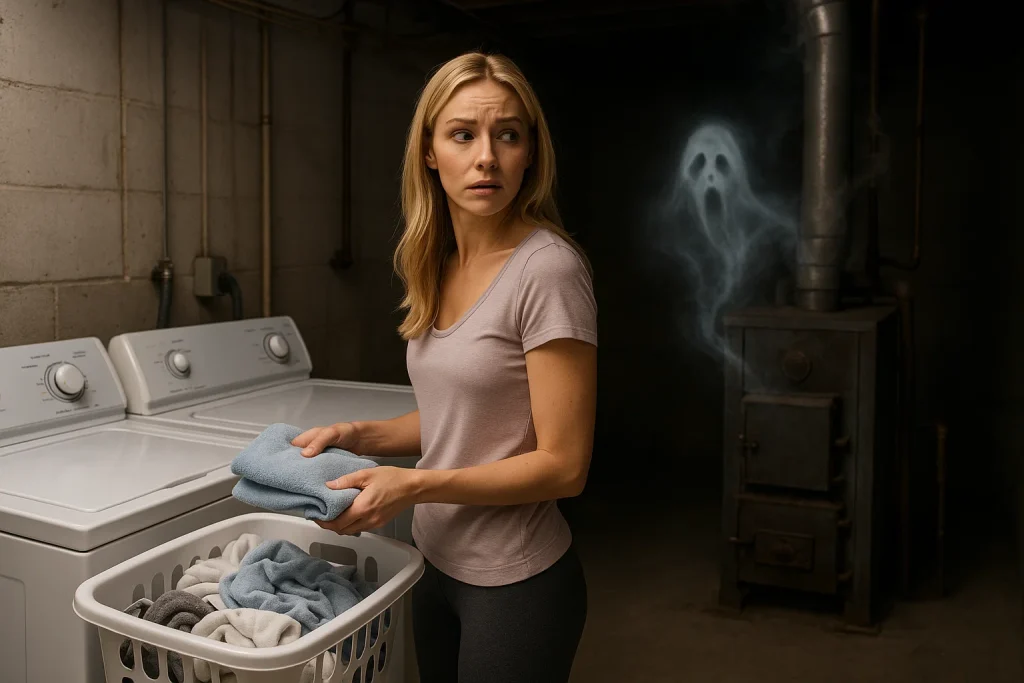 A woman folding laundry in her basement as ghosts emit from her furnace