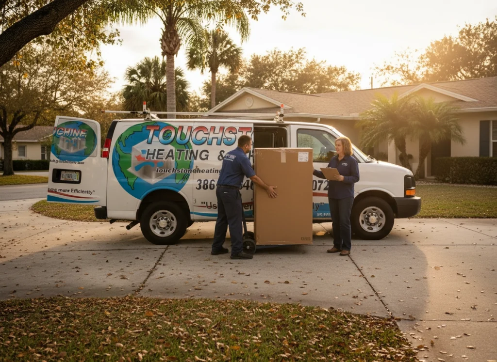Service crew delivers new heating system before winter rush at homeowner’s home