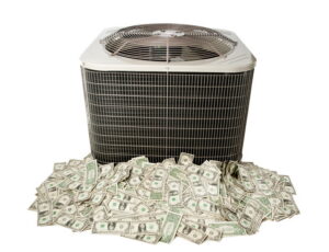 HVAC unit surrounded by piles of cash symbolizing costly HVAC repair service.