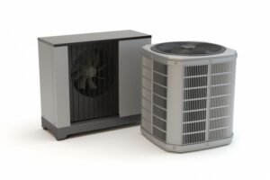 Two outdoor heat pump units used for residential HVAC systems, suitable for repair or maintenance.