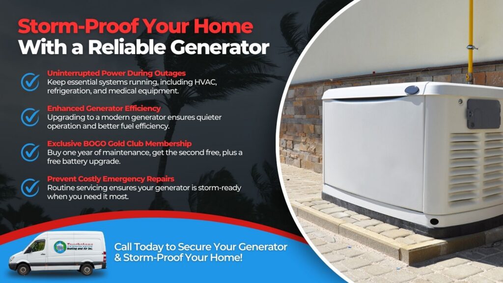 This is an image of a home generator outside of someone's house. The headline read storm proof your home with a reliable generator.