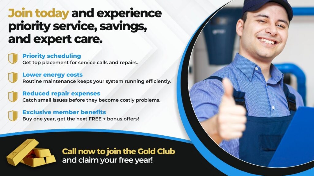 This is an image of an HVAC technician giving a thumbs up. The headline reads join today and experience, priority services, and expert care.