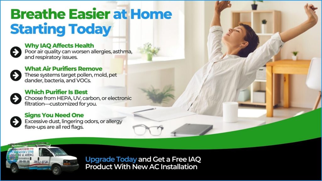 This is an image of a woman, relaxing at home breathing deeply. The headline reads breathe easier at home starting today.