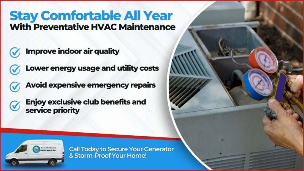 This is an image of an HVAC technician servicing an AC unit. The headline reads stay comfortable all year with preventative HVAC maintenance.