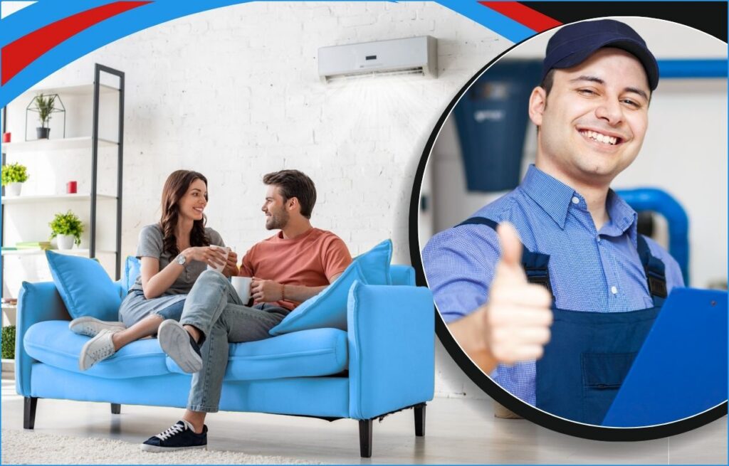 This is an image of a couple sitting on the couch in the living room with a mini split blowing cool air above them to the right is an HVAC technician with his thumb up.