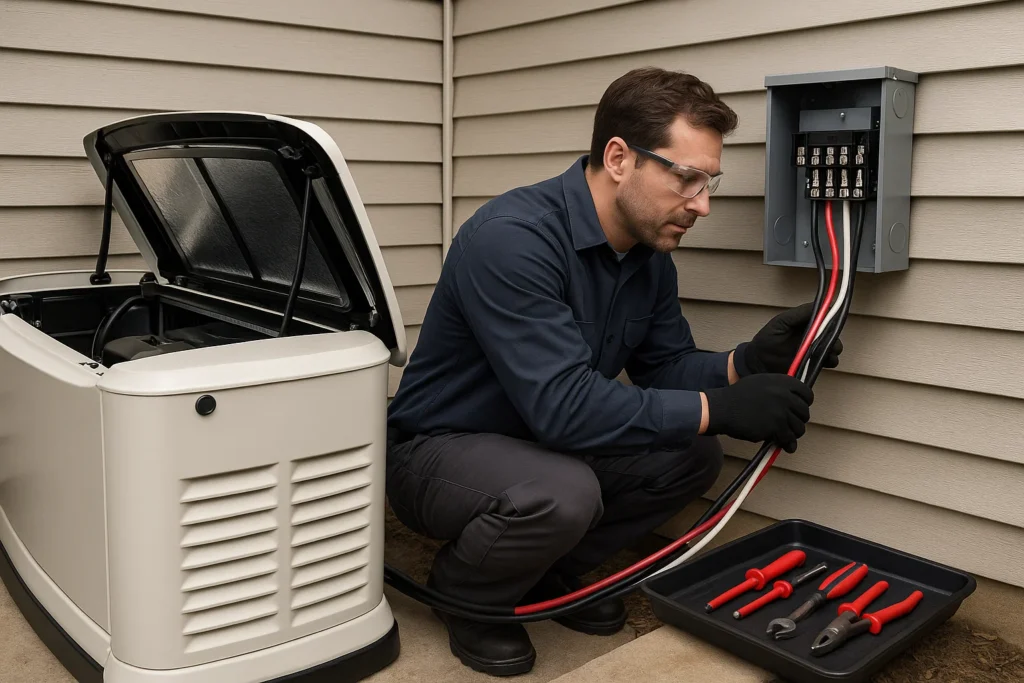 Generator technician connecting cables to transfer switch on house exterior