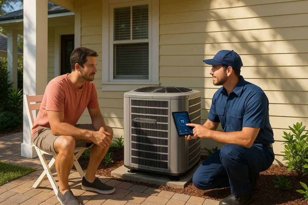 Homeowner discusses AC efficiency with technician on Gainesville porch