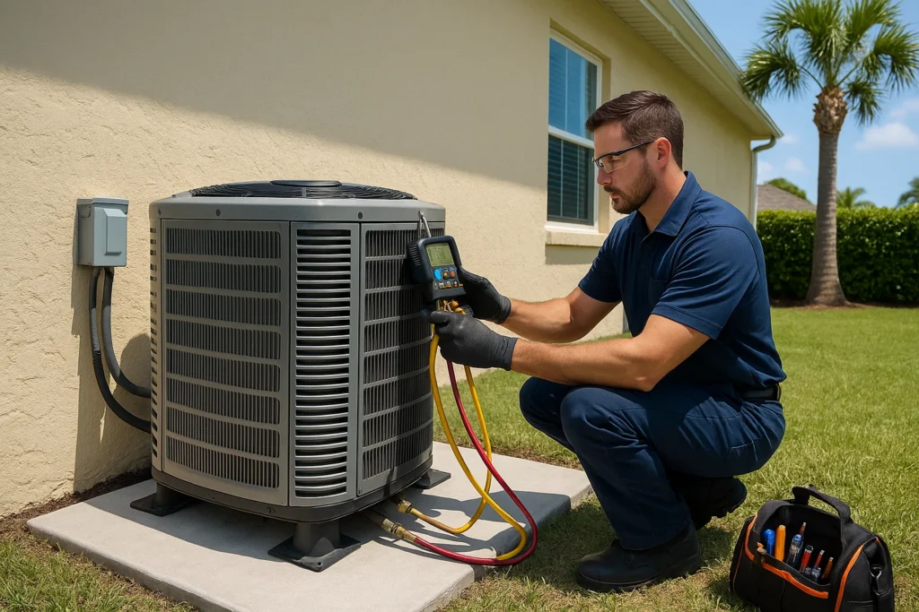 Technician calibrates heat pump outside Florida house