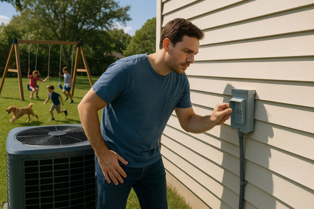 Homeowner inspects the direct power switch for an AC unit on the side of the house