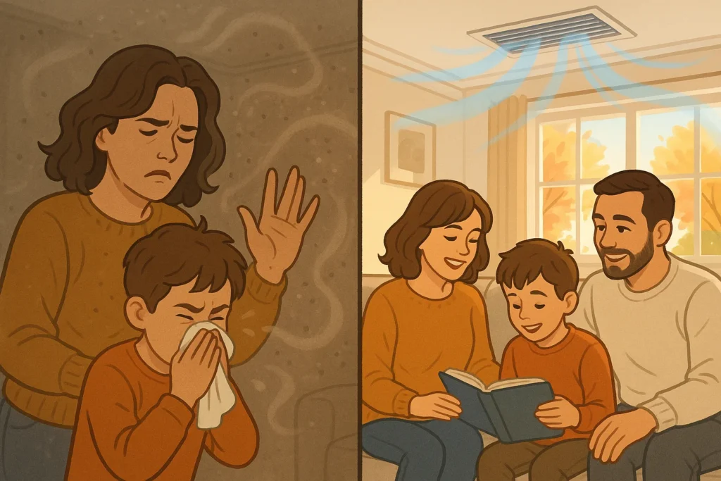 Before and after fall IAQ: dusty, sneezy home vs clean, fresh air post-purification