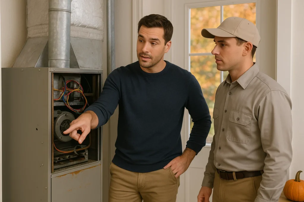 HVAC technician inspecting system including wear and tear on first day of fall