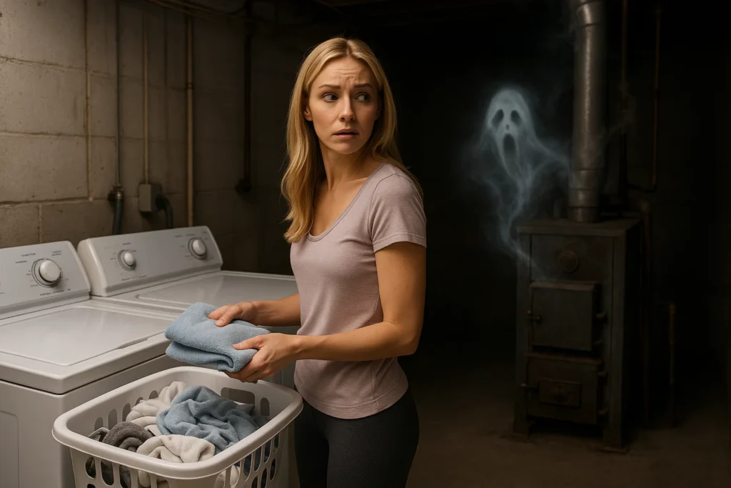 A woman folding laundry in her basement as ghosts emit from her furnace