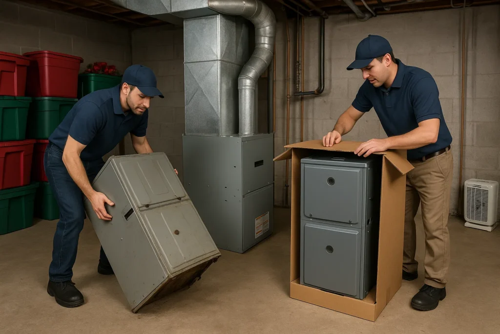 Technicians replacing an outdated furnace before winter arrives.