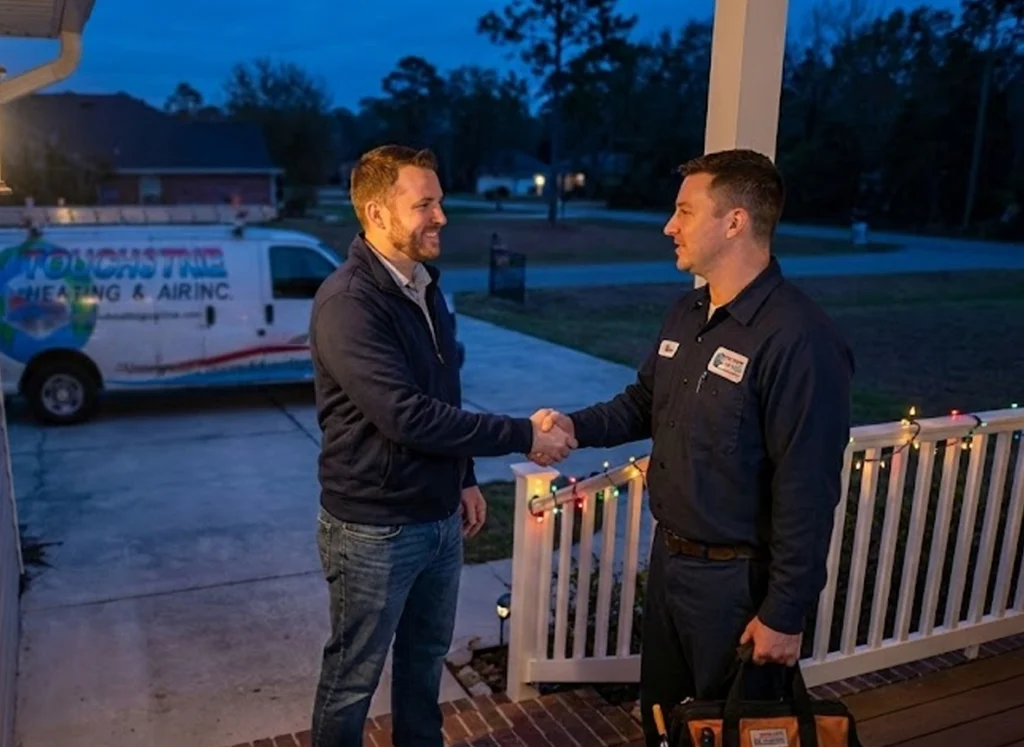 A homeowner and an HVAC tech meeting on the front porch for an emergency house call.