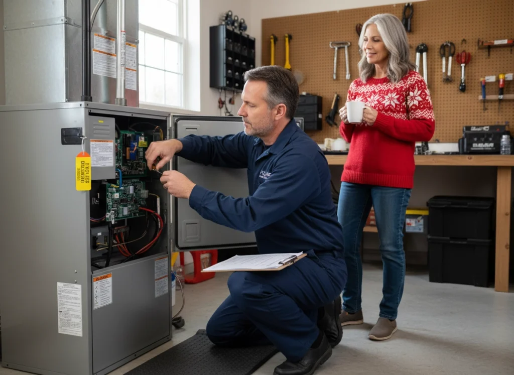HVAC technician performs holiday season furnace maintenance in decorated utility room