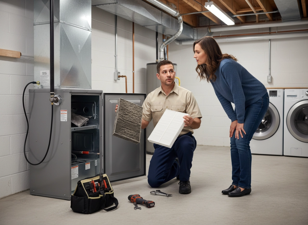 HVAC technician showing clean versus clogged air filter during furnace maintenance.