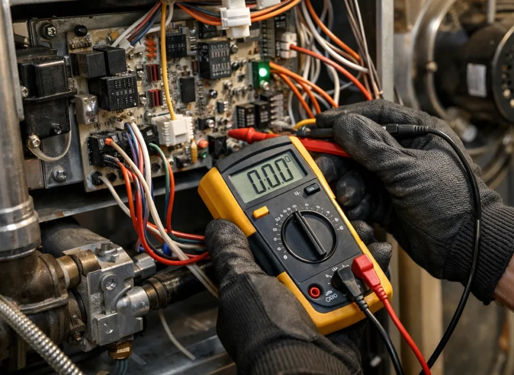 An HVAC tech using a multimeter on a furnace.